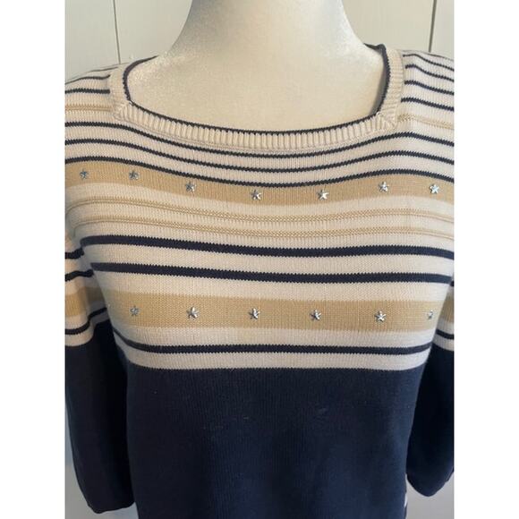 Sweater Size Medium Pullover with 3/4 sleeves Nautical Theme Blue / White / Tan - Picture 2 of 4